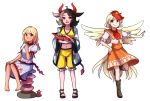  3girls :d animal animal_on_head barefoot barefoot_sandals bird bird_on_head bird_tail bird_wings black_hair blonde_hair boots breasts brown_eyes chicken cleavage commentary cow_horns cow_tail dark_skin dress ebisu_eika english_commentary eyebrows_visible_through_hair frilled_shirt frilled_skirt frills full_body grey_hair hand_on_own_knee highres horns long_hair looking_at_viewer medium_hair midriff multicolored_hair multiple_girls navel niwatari_kutaka on_head open_mouth orange_dress outstretched_arm pants parted_lips puffy_short_sleeves puffy_sleeves red_eyes red_hair shirt short_hair short_sleeves sitting skirt smile speckticuls standing standing_on_one_leg stone tail touhou transparent_background two-tone_hair ushizaki_urumi wide_sleeves wily_beast_and_weakest_creature wings yellow_pants 