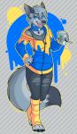  2018 5_fingers abstract_background akkla anthro beverage black_fur blue_eyes canid canine canis claws clothed clothing coffee collar digitigrade ear_piercing facial_piercing fishnet fur grey_fur hi_res hoodie legwear male mammal melangetic nose_piercing open_mouth pants piercing simple_background socks solo standing wolf 