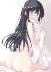 1girl asashio_(kantai_collection) ass barefoot black_hair blue_eyes blush commentary_request dress_shirt from_behind full_body holding_clothes kantai_collection long_hair long_sleeves looking_at_viewer looking_back mikage_takashi nude shirt sitting solo surprised twitter_username wariza 