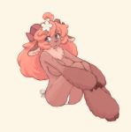  anthro big_breasts blue_eyes bovid breasts brown_fur caprine chest_tuft clothing digital_media_(artwork) dobrota female fluffy fur hair hi_res hooves horn kemono looking_at_viewer mammal nude open_mouth panties red_hair scar sheep simple_background sitting smile solo tuft underwear 