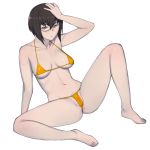  1girl bikini black_hair breasts brown_eyes cameltoe collarbone eyebrows eyebrows_visible_through_hair girls_und_panzer glasses groin hand_on_head highres kawashima_momo large_breasts looking_at_viewer monochrome_background monocle navel onsen_tamago_(hs_egg) shiny shiny_clothes shiny_hair shiny_skin short_hair simple_background sitting solo spread_legs swimsuit swimwear thong_bikini thong_bikini_bottom white_background yellow_bikini 
