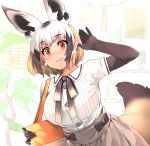  1girl alternate_costume animal_ears bag bat-eared_fox_(kemono_friends) blouse blush bow bowtie brown_hair buttons casual collared_shirt commentary_request cowboy_shot earrings elbow_gloves extra_ears eyebrows_visible_through_hair fox_ears fox_tail gloves handbag happa_(cloverppd) jewelry kemono_friends light_brown_hair multicolored_hair pleated_skirt shirt short_hair skirt solo tail white_hair yellow_eyes 