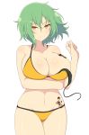  1girl arm_under_breasts arm_up bikini breast_tattoo breasts cleavage closed_mouth collarbone commentary_request cowboy_shot expressionless floating_hair green_hair groin hair_between_eyes highres hikage_(senran_kagura) ichiryuu_tsumiki jitome large_breasts looking_at_viewer messy_hair navel senran_kagura short_hair simple_background slit_pupils solo standing strap_slip swimsuit tattoo white_background yellow_bikini yellow_eyes 
