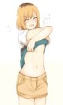  1girl :d blonde_hair blue_shirt blush breasts brown_hair collarbone eyebrows_visible_through_hair eyes_closed lifted_by_self midriff miniskirt miyamori_aoi multicolored_hair navel open_mouth shirobako shirt shirt_lift short_hair short_sleeves simple_background skirt small_breasts smile solo speech_bubble standing stomach sweatdrop tahita1874 two-tone_hair underboob white_background white_sleeves yellow_skirt 