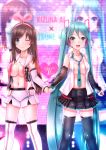  00s 2girls a.i._channel aqua_eyes aqua_hair areola_slip areolae arm_behind_head arm_up armpit_peek bare_shoulders between_breasts blush bow breasts brown_hair character_name detached_sleeves eyebrows_visible_through_hair hair_bow hairband hand_holding hatsune_miku headphones heart highres hiron kizuna_ai large_breasts long_hair looking_at_viewer matching_hair/eyes multiple_girls navel necktie necktie_between_breasts no_bra open_clothes open_mouth shorts skirt smile standing tattoo thighhighs tied_hair twintails virtual_youtuber vocaloid zoom_layer 