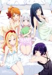  5girls absurdres arm_support bandage bandaged_fingers bandages bangs bare_legs barefoot blonde_hair blue_eyes blue_hair blunt_bangs blush bow breasts chemise cleavage closed_mouth crossed_arms eromanga_sensei expressionless eyebrows_visible_through_hair hair_bow highres indoors izumi_sagiri jinno_megumi long_hair maeda_tatsuyuki medium_breasts multiple_girls object_hug official_art on_bed orange_eyes orange_hair pajamas ponytail purple_eyes purple_hair ringlets scan seiza senju_muramasa short_hair sidelocks silver_hair sitting small_breasts smile takasago_tomoe underwear underwear_only yamada_elf 