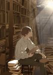  1boy book bookshelf brown_eyes brown_hair commentary frown highres holding holding_book indoors issindotai ladder legs_crossed library light_particles light_rays looking_up male_focus original profile short_hair sitting solo stool sunlight 