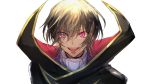  1boy :d black_cape brown_hair cape code_geass geass heterochromia highres lelouch_lamperouge looking_at_viewer male_focus open_mouth pink_eyes red_eyes short_hair simple_background smile solo sumi_otto white_background 