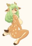  anthro antlers blush breasts brown_fur butt cervid chest_tuft digital_media_(artwork) dobrota female fur green_hair hair hi_res hooves horn kemono looking_at_viewer mammal nipples nude simple_background smile solo tuft yellow_eyes 
