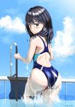  1girl ass black_hair blue_eyes blue_sky blue_swimsuit cloud competition_swimsuit cowboy_shot day from_behind frown garter-velvet highres long_hair looking_at_viewer looking_back one-piece_swimsuit outdoors pool_ladder sky solo ssss.gridman swimsuit takarada_rikka twitter_username water wet wet_clothes wet_swimsuit 