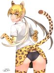 1girl animal_ears ass bangs black_panties blush closed_mouth commentary_request cowboy_shot dated eyebrows_visible_through_hair from_behind hair_between_eyes happa_(cloverppd) jaguar_(kemono_friends) jaguar_ears jaguar_print jaguar_tail kemono_friends long_hair looking_at_viewer looking_back panties pleated_skirt red_neckwear school_uniform shirt short_sleeves simple_background skirt skirt_lift smile solo standing tail thighhighs underwear white_background white_shirt 