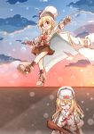 2girls :d absurdres bangs blonde_hair blue_sky blush boots brown_footwear brown_gloves brown_legwear capelet character_request cloud commentary_request dress_shirt eyebrows_visible_through_hair eyes_closed facing_viewer fingerless_gloves fur-trimmed_capelet fur_hat fur_trim girls_frontline gloves hair_between_eyes hat highres jacket long_hair looking_at_viewer matsuo_(matuonoie) multiple_girls nagant_revolver_(girls_frontline) open_mouth outdoors outstretched_arms red_eyes shirt sky smile socks spread_arms standing standing_on_one_leg sunset white_capelet white_headwear white_jacket white_shirt 