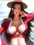  1girl ;o biting black_hair blue_eyes blue_sky blush boa_hancock breasts cleavage cloud collarbone earrings feather_boa finger_biting finger_to_mouth jewelry large_breasts long_hair looking_at_viewer midriff navel one_eye_closed one_piece sky snake snake_earrings solo very_long_hair yupachu 
