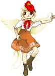  1girl animal animal_on_head bird bird_on_head bird_tail bird_wings blonde_hair boots chicken dress eyebrows_visible_through_hair full_body hand_on_hip multicolored_hair neck_ribbon niwatari_kutaka on_head oota_jun&#039;ya orange_dress outstretched_arm puffy_short_sleeves puffy_sleeves red_eyes red_hair ribbon short_hair short_sleeves solo standing standing_on_one_leg touhou transparent_background wily_beast_and_weakest_creature wings 