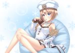  1girl bare_legs bare_shoulders blanc blue_background blue_eyes blush book brown_hair coat commentary_request dress fur-trimmed_coat fur_trim hat highres holding holding_book legs neptune_(series) open_mouth sakaki_jin&#039;ya short_hair sitting snowflake_background solo spaghetti_strap thighs white_dress 