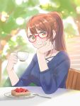  1girl absurdres asymmetrical_bangs bangs beatrix_(granblue_fantasy) bespectacled blurry breasts brown_hair cake cleavage collarbone commentary_request contemporary cup depth_of_field elbow_rest food fork glasses granblue_fantasy grin highres holding lips long_hair long_sleeves looking_at_viewer medium_breasts pink_lips ponytail red-framed_eyewear renzu_(lens_02) semi-rimless_eyewear sitting smile solo tea teacup upper_body yellow_eyes 