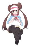  1girl black_legwear brown_hair closed_mouth creatures_(company) double_bun feet game_freak green_eyes holding holding_poke_ball ixy legwear_under_shorts long_hair looking_at_viewer mei_(pokemon) nintendo pantyhose poke_ball pokemon pokemon_(game) pokemon_bw2 raglan_sleeves shorts simple_background sitting smile soles solo twintails visor_cap white_background yellow_shorts 