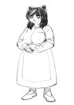  4_fingers absurd_res anthro apron aruurara big_breasts black_and_white breasts catti_(deltarune) clothed clothing deltarune domestic_cat ear_piercing eyelashes felid feline felis female footwear front_view frown full-length_portrait fully_clothed hair hair_highlights hi_res holding_object holding_pen jewelry looking_at_viewer makeup mammal mascara monochrome notebook paper pen piercing portrait shoes slightly_chubby solo standing video_games waiter 