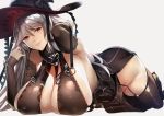  1girl armpits bangs bare_shoulders black_dress black_footwear black_headwear blush boots breasts cleavage detached_sleeves dress granblue_fantasy hair_between_eyes halterneck hat huge_breasts long_hair looking_at_viewer lying magisa_(granblue_fantasy) on_stomach parted_lips sideboob silver_hair smile solo thigh_boots thighhighs thighs tomohiro_kai witch_hat 