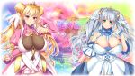  2girls adjusting_hair blonde_hair blush breasts cleavage closed_mouth covered_navel crown dress fiori_romertania floating_hair game_cg gloves green_eyes happy huge_breasts legs long_hair looking_at_viewer multiple_girls orange_eyes original oshare_kyoushitsu remis_romertania silver_hair smile standing thighs twintails wallpaper zettai_fukujuu_princess:_kijoku_kakumeiroku 