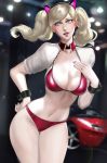  1girl animal_ears blonde_hair blue_eyes breasts cuffs highres long_hair looking_at_viewer mask medium_breasts nail_polish navel persona persona_5 race_queen ragecndy red_bikini_bottom red_bikini_top smile solo takamaki_anne twintails twitter_username 
