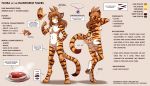  2019 angry antenna_hair anthro breasts brown_hair butt casual_nudity chest_tuft dialogue digitigrade emanata english_text featureless_breasts featureless_crotch felid female flexing flora_(twokinds) food fur grin hair hand_behind_head hand_on_hip hi_res jewelry keidran mammal model_sheet multicolored_fur necklace nude one_leg_up orange_fur pantherine pawpads plate raised_leg simple_background small_breasts smile solo steak striped_fur stripes tan_background text tiger tom_fischbach tuft twokinds webcomic white_fur 