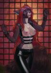  2018 bound breasts chain clothing detailed_background female fur green_eyes hair harness hi_res nipples open_mouth painting red_hair rubber satynapaper teeth tongue traditional_media_(artwork) 