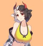  1girl animal_ears bare_shoulders black_hair bra breasts cat-quest-sun cleavage closed_mouth collarbone cow_ears frills grey_hair halter_top halterneck highres horns jacket large_breasts looking_at_viewer multicolored_hair off_shoulder red_eyes short_hair simple_background smile solo stomach touhou two-tone_hair underwear upper_body ushizaki_urumi 