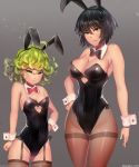  2girls absurdres animal_ears bare_shoulders black_hair blush bow bowtie breasts bunny_ears bunnysuit cleavage covered_navel curvy deviantart_username fake_animal_ears fishnets fubuki_(one-punch_man) garter_straps green_eyes green_hair heart_cutout highres large_breasts looking_at_viewer multiple_girls nail_polish one-punch_man parted_lips short_hair siblings sideboob sisters small_breasts smile standing tatsumaki thick_thighs thighhighs thighs underboob watermark web_address white_nails wide_hips wrist_cuffs 