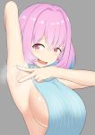  1girl arm_up armpits bangs blue_hair blue_sweater breasts eyebrows_visible_through_hair eyes_visible_through_hair fang grey_background hair_between_eyes hair_intakes highres idolmaster idolmaster_cinderella_girls jkisaradu large_breasts looking_at_viewer meme_attire multicolored_hair no_bra no_nose open_mouth pill_earrings pink_eyes pink_hair shiny shiny_hair short_hair sideboob simple_background sleeveless_sweater smile solo spread_armpit steaming_body sweater tongue two-tone_hair upper_body v virgin_killer_sweater yumemi_riamu 