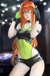  1girl breasts choker covered_navel glasses gloves headphones highres long_hair looking_at_viewer one_eye_closed orange_hair persona persona_5 race_queen ragecndy sakura_futaba skin_tight small_breasts smile solo twitter_username very_long_hair yellow_eyes 