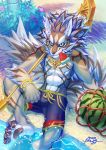  abs anthro apin59 black_nose canid canine canis clothed clothing detailed_background digital_media_(artwork) food fruit fur green_eyes hi_res male mammal melon muscular outside piercing plant seaside seth_(tas) solo summer swimwear tokyo_afterschool_summoners video_games water watermelon 