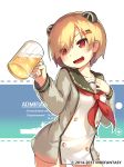  1girl alcohol animal_ears bangs beer beer_mug blonde_hair blush buttons character_name character_profile cup drinking_glass english_text eyebrows_visible_through_hair fake_animal_ears graf_spee_(warship_girls_r) hair_ornament hairclip heart heart-shaped_pupils highres holding holding_cup lino-lin long_sleeves neckerchief open_mouth red_eyes red_neckwear sailor_collar short_hair simple_background smile solo stats symbol-shaped_pupils upper_body warship_girls_r 