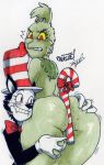  big_butt black_fur butt candy candy_cane clothing domestic_cat dr._seuss felid feline felis food fur green_fur grinch hat headgear headwear hi_res how_the_grinch_stole_christmas huge_butt humanoid male male/male mammal parasitedeath the_cat_in_the_hat top_hat 