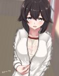  1girl black_hair blurry blurry_background blush gym_shirt hallway hayasui_(kantai_collection) indoors jacket kantai_collection long_sleeves looking_at_viewer open_mouth saplus see-through sexually_suggestive shirt short_hair silver_eyes solo track_jacket twitter_username unzipping upper_body wet wet_clothes white_jacket white_shirt 