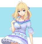  1girl blonde_hair blue_eyes breasts dolling60883582 dress fiorun jewelry looking_at_viewer medium_breasts necklace nintendo open_mouth ribbon ring simple_background smile solo spoilers xenoblade_(series) xenoblade_1 