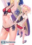  1girl armpits ass bikini blonde_hair blush braid breasts collarbone commentary english_text eyebrows_visible_through_hair fate_(series) from_above frown green_eyes hair_ornament hair_scrunchie head_out_of_frame highres long_hair looking_at_viewer mordred_(fate)_(all) mordred_(swimsuit_rider)_(fate) multiple_views navel ponytail red_bikini red_bikini_bottom red_bikini_top red_scrunchie scrunchie side-tie_bikini simple_background small_breasts solo srunchie surfboard swimsuit sydus white_background 