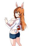  1girl animal_ears ass ball bikini blue_eyes breasts bunny_ears bunny_tail charlotte_e_yeager cleavage fake_animal_ears grin hair_between_eyes large_breasts long_hair looking_at_viewer one_eye_closed orange_hair shorts simple_background smile solo standing strike_witches swimsuit tail tawashi1623 white_background white_bikini world_witches_series 