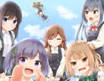  6+girls :d anniversary arare_(kantai_collection) arashio_(kantai_collection) arm_warmers asashio_(kantai_collection) black_hair blue_eyes blue_sky bow bowtie brown_eyes brown_hair comiching double_bun dress e16a_zuiun eyebrows_visible_through_hair eyes_closed facing_viewer frilled_dress frills green_neckwear green_ribbon grey_skirt hair_ribbon kantai_collection kasumi_(kantai_collection) light_brown_hair long_hair long_sleeves looking_at_viewer michishio_(kantai_collection) multiple_girls neck_ribbon ooshio_(kantai_collection) open_mouth pinafore_dress pleated_skirt purple_hair red_neckwear remodel_(kantai_collection) ribbon shirt short_hair short_sleeves short_twintails side_ponytail silver_hair skirt sky smile suspenders twintails white_shirt 