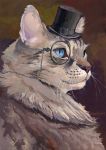  2019 blue_eyes clothing eyewear felid feline feral fur glasses hat headgear headwear hi_res mammal satynapaper simple_background solo traditional_media_(artwork) white_fur 