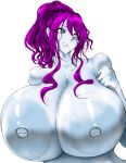  1girl areolae blush breasts brown_eyes cleavage gigantic_breasts green_eyes highres large_areolae large_nipples long_hair looking_at_viewer nipples nude purple_hair smile solo upper_body 