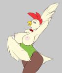  anthro avian big_breasts bird breasts chicken clothed clothing curvaceous female galliform gallus_(genus) looking_at_viewer nipples open_mouth phasianid smile solo standing starfighter wide_hips 
