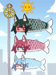  4girls animal_ear_fluff animal_ears animalization bangs blue_eyes blue_hair blue_sky blush cloud commentary_request day eyebrows_visible_through_hair fish_girl fox_ears fox_girl fox_tail green_hair hair_between_eyes highres kemomimi-chan_(naga_u) koinobori long_hair multiple_girls naga_u original outdoors red_eyes red_hair sidelocks sky sun tail v-shaped_eyebrows 