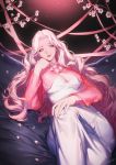  1girl breasts character_request cherry_blossoms cleavage commentary_request copyright_request dress eyelashes eyeliner hichi highres large_breasts legs_crossed lips long_dress long_hair makeup petals pink_hair purple_eyes reclining see-through shrug_(clothing) signature solo very_long_hair white_dress 