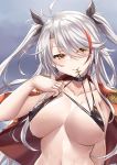  1girl antenna_hair azur_lane bangs bikini bikini_tug black_bikini black_choker black_ribbon blush breasts brown_eyes choker cross cross_earrings earrings eyebrows_visible_through_hair flag_print german_flag_bikini half-closed_eyes highres iron_cross jacket_on_shoulders jewelry ks large_breasts long_hair looking_at_viewer military_jacket mouth_hold multicolored_hair prinz_eugen_(azur_lane) prinz_eugen_(unfading_smile)_(azur_lane) ribbon sidelocks silver_hair solo streaked_hair swimsuit two_side_up upper_body very_long_hair wet 