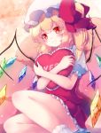  1girl bare_legs blonde_hair bow commentary_request crystal feet_out_of_frame flandre_scarlet frilled_pillow frills gengetsu_chihiro hat hat_bow holding holding_pillow long_hair miniskirt mob_cap object_hug one_side_up petticoat pillow pleated_skirt puffy_short_sleeves puffy_sleeves red_bow red_eyes red_skirt red_vest shirt short_sleeves sitting skirt skirt_set socks solo star thighs touhou vest white_headwear white_legwear white_shirt wings yes-no_pillow 