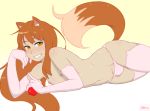  1boy animal_ears apple arm_support bulge colorized dross elbow_gloves food fruit genderswap genderswap_(ftm) gloves holo long_hair looking_at_viewer smirk smug spice_and_wolf tail thighhighs thirt-party_edit topless trap 