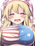  1girl american_flag_dress blonde_hair blush blush_stickers breast_hold breasts clownpiece collar commentary_request fangs frilled_collar frills hair_between_eyes hat jester_cap large_breasts looking_at_viewer open_mouth pointy_ears polka_dot polka_dot_hat red_eyes shiny shiny_hair short_sleeves solo star star_print touhou xialu_zajin 