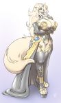  2018 absurd_res anthro big_breasts blonde_hair breasts canid canine canis clothed clothing collie domestic_dog dress female footwear fur grey_eyes hair herding_dog hi_res high_heels huge_breasts long_hair looking_at_viewer makeup mammal meshpet mira_(vladimirpootis) nipples pastoral_dog pussy sheepdog shoes simple_background standing thick_thighs white_background wide_hips 