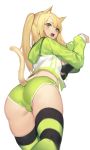  1girl absurdres animal_ears ass blonde_hair boyshorts breasts cat_ears cat_tail from_behind from_below front-tie_top green_eyes highres hood hooded_jacket hoodie jacket jam_(nandade) korean_commentary large_breasts long_hair one_side_up open_clothes open_jacket open_mouth original paw_pose sidelocks simple_background solo striped striped_legwear tail thighhighs trefoil underboob white_background 